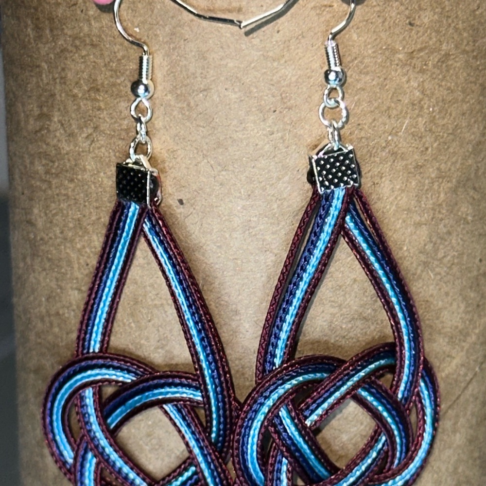 Handmade Navy Burgundy and Blue Woven Earrings - Picture 6 of 6